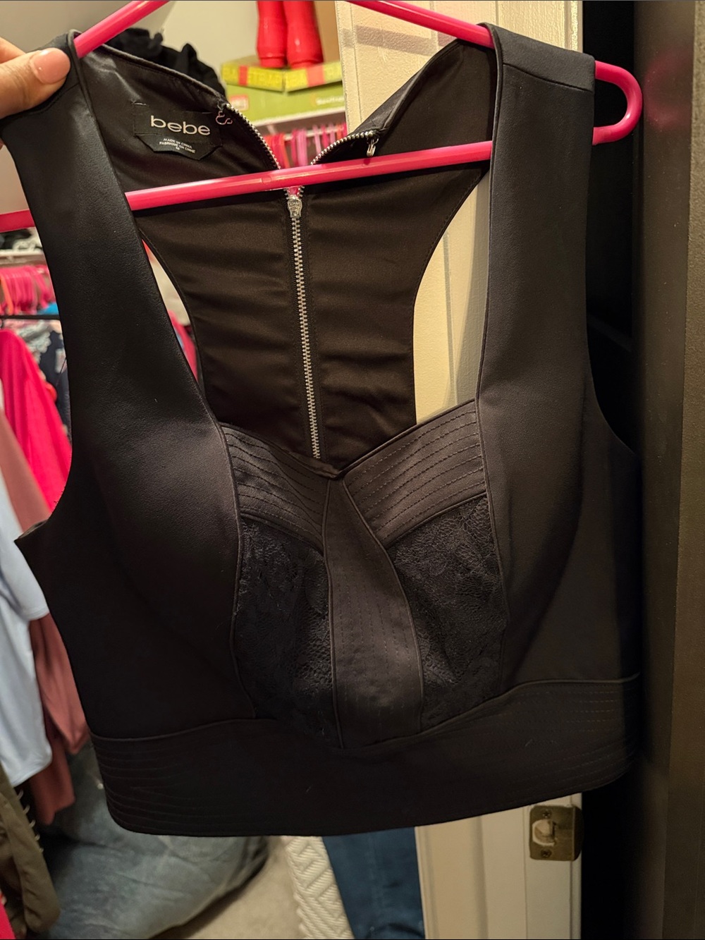 bebe Black Lace-Panel Longline Bralette
